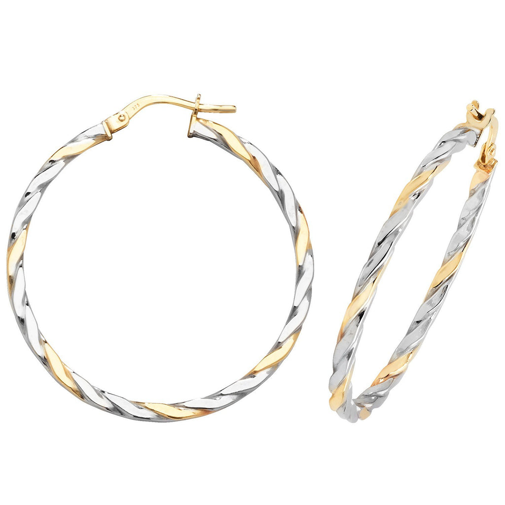 9ct White/Yellow Gold Ribboned Hoop Earrings 375 Hallmarked 8mm - 30mm Diameter