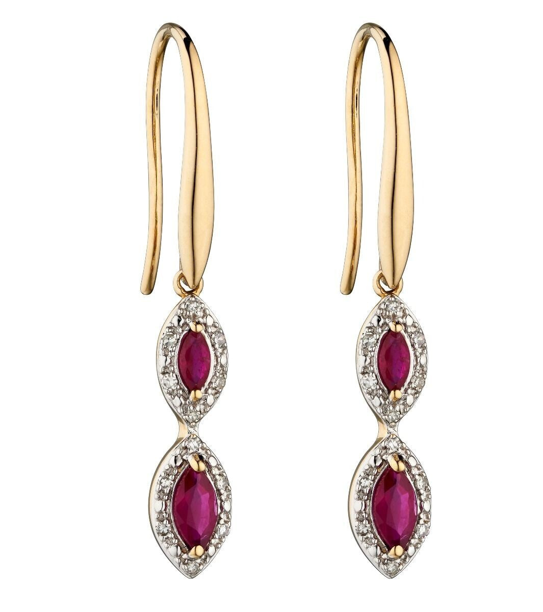 Ruby And Diamond Marquise Earrings 9ct Yellow Gold 375 Hallmarked British Made