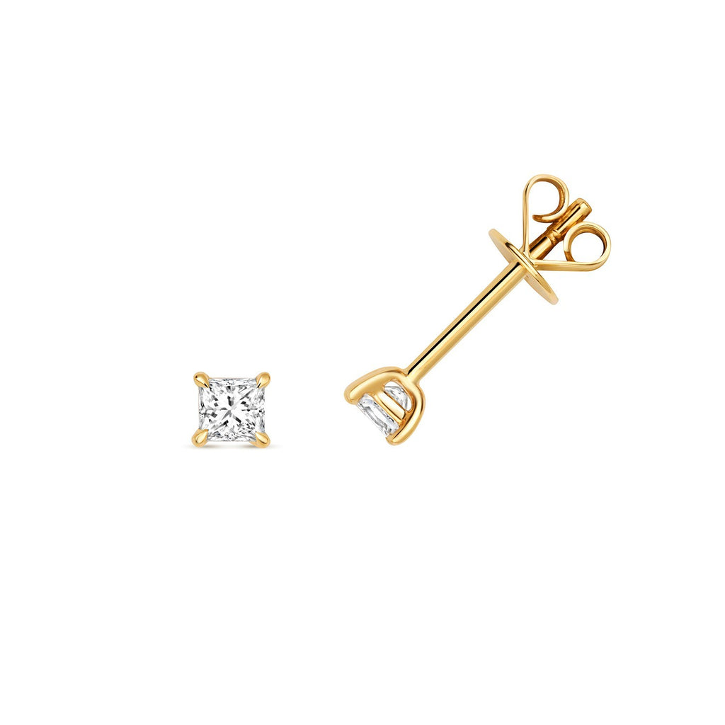 Natural Diamond Princess Stud Earrings 18ct Yellow Gold Hallmarked British Made