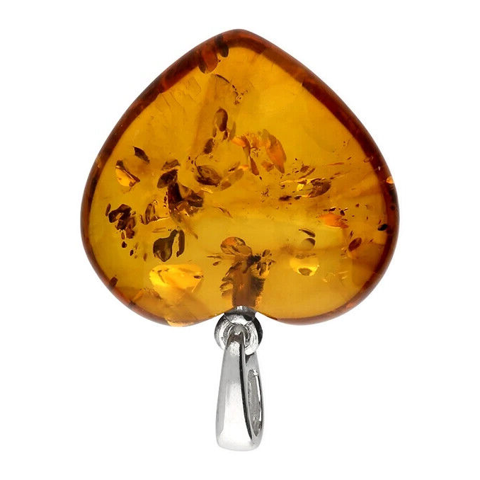 Cognac Heart Amber Pendant Sterling Silver 925 Hallmarked All Chain Lengths