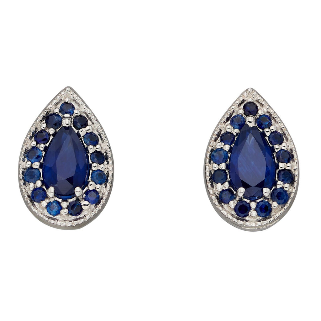 Sapphire Teardrop Stud Earrings 9ct White Gold 375 Hallmarked British Made