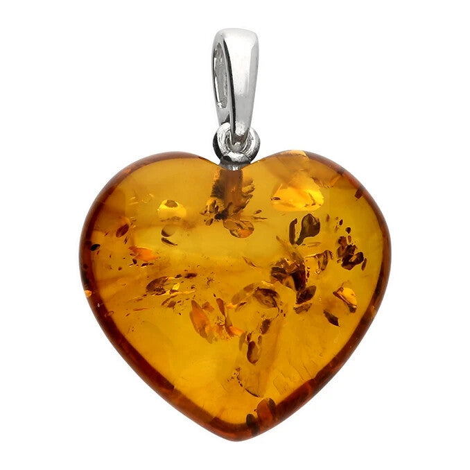 Cognac Heart Amber Pendant Sterling Silver 925 Hallmarked All Chain Lengths