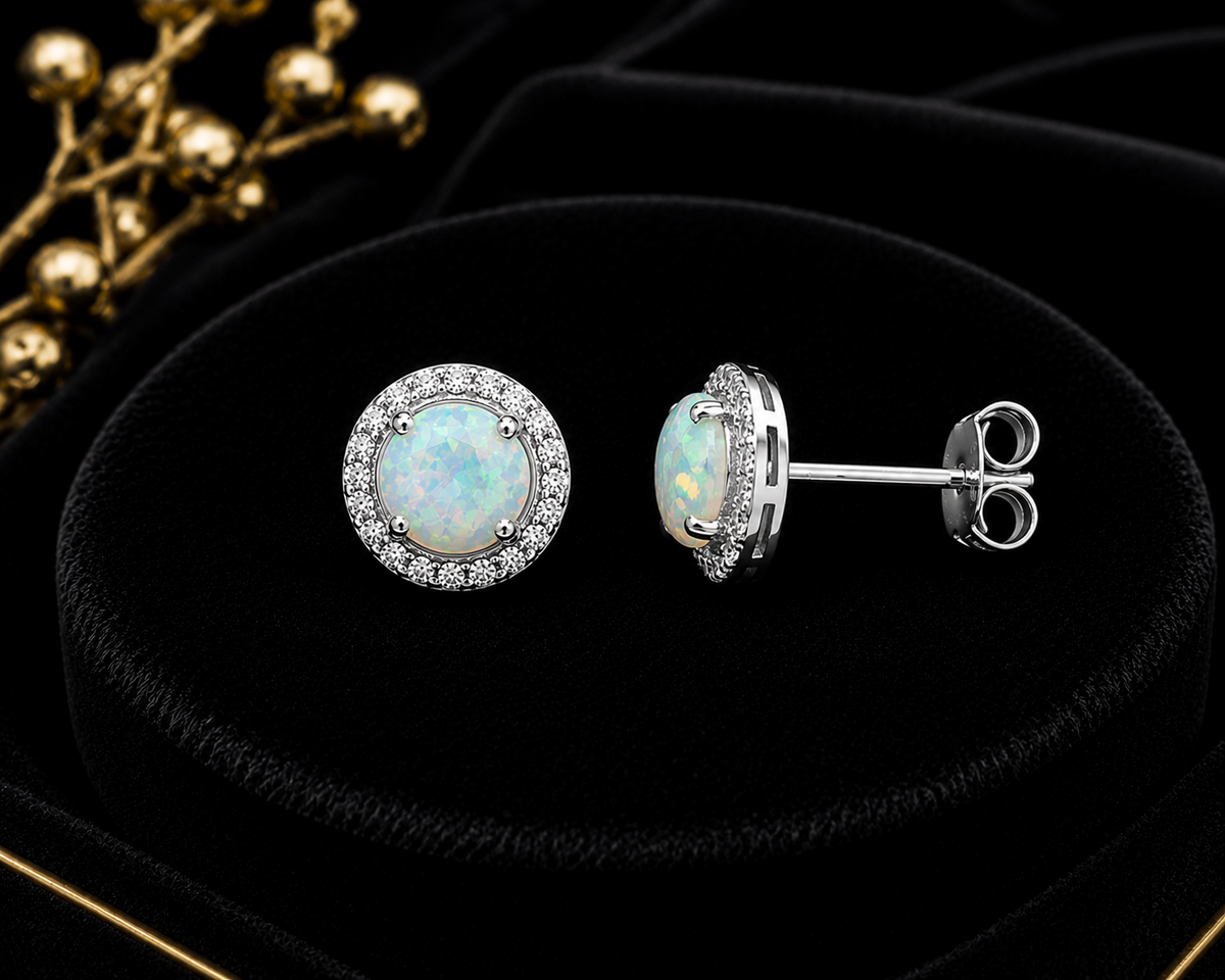 Opal Earrings Solid Sterling Silver Halo 925 Hallmark Brand New Boxed