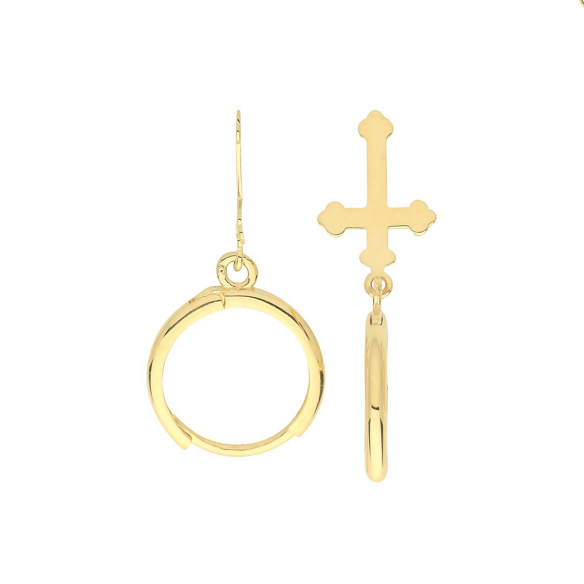 8mm Cross Drop Hoops Earrings 9ct Yellow Gold 375 Hallmarked Brand New