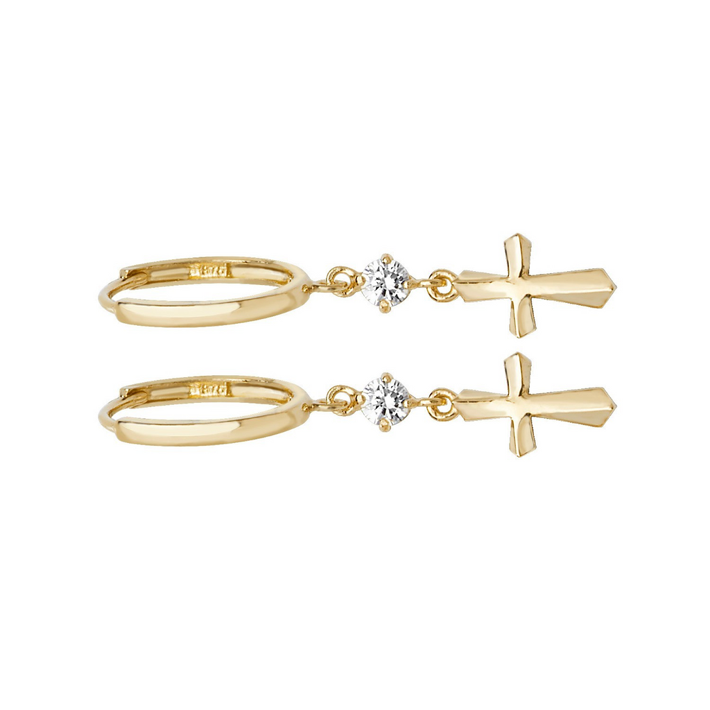 Solitaire Cross Drop Hoop Earrings 9ct Yellow Gold 375 Hallmark Brand New Boxed