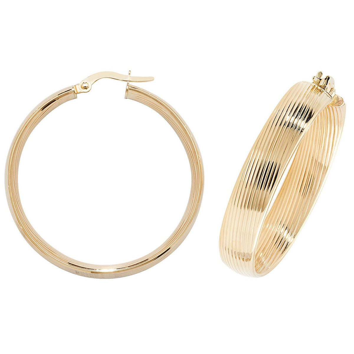 9ct Yellow Gold Ribbed Hoop Earrings 375 Hallmarked 10mm - 30mm Diameter