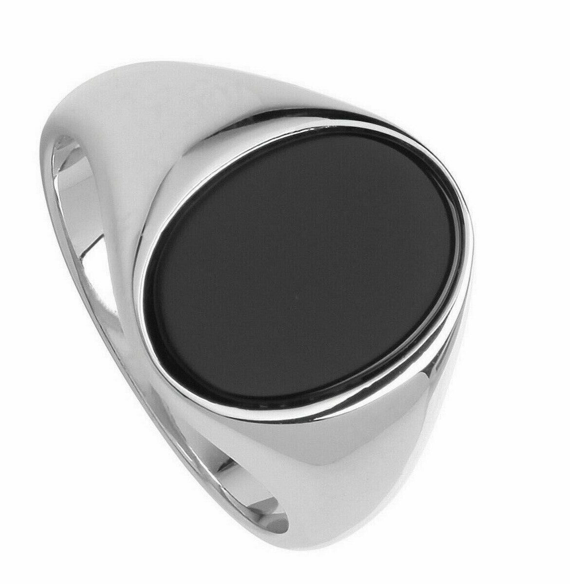 Men's Black Onyx Ring Oval Signet Solid Sterling Silver Size 925 Hallmark O - Z 