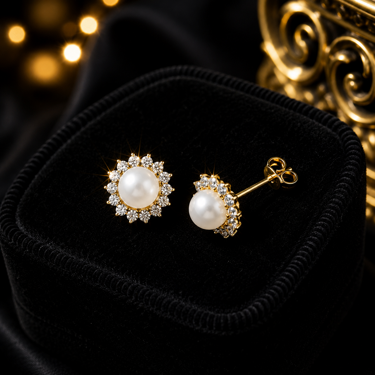 Vintage Halo Pearl Stud Earrings 9ct Yellow Gold 375 Hallmarked Brand New Boxed