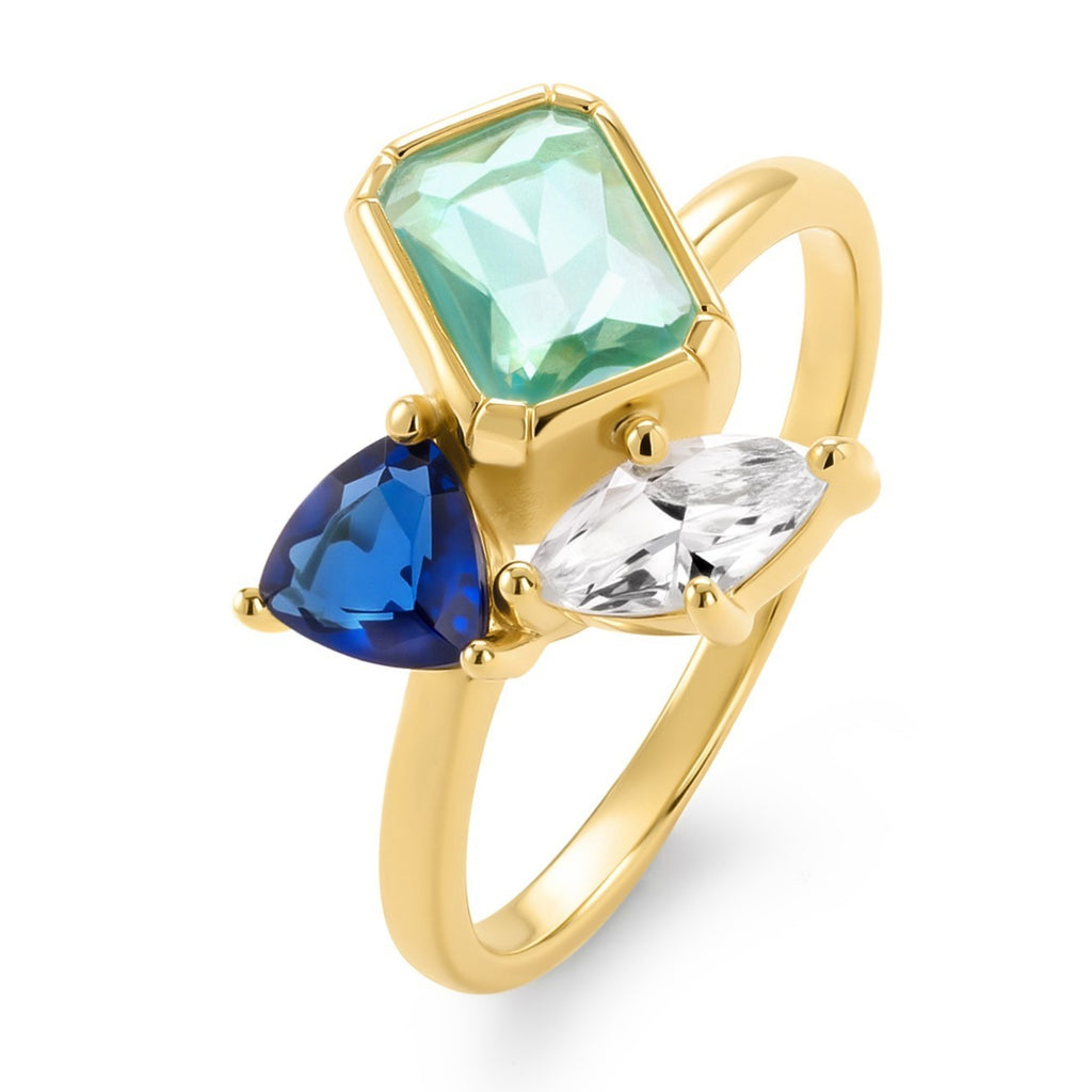 Sapphire & Topaz 3 Stone Ring Yellow Gold Plated Hallmarked  J - R British Made