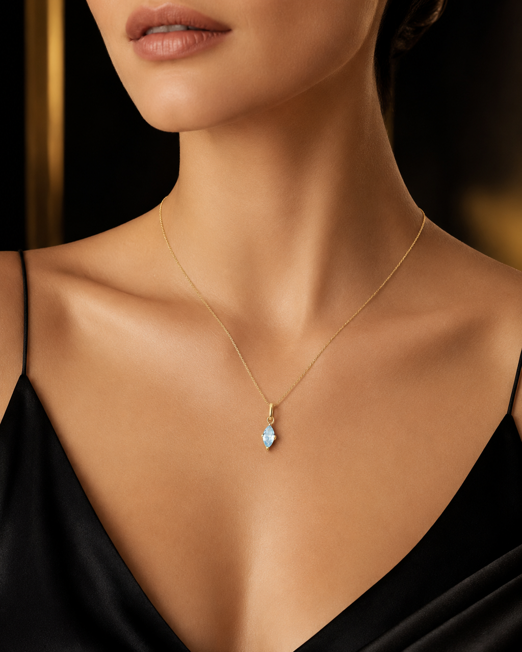 Marquise Natural Blue Topaz 9ct Yellow Gold Pendant Hallmarked All Chain Lengths