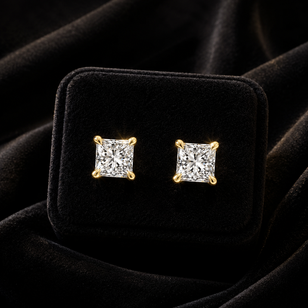 Natural Diamond Princess Stud Earrings 18ct Yellow Gold Hallmarked British Made