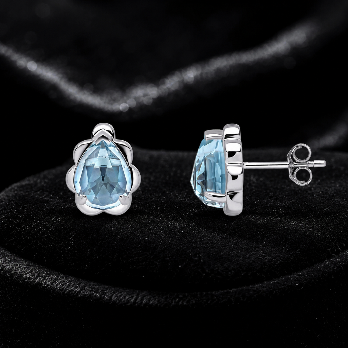 Floral Teardrop Topaz Stud Earrings 9ct White Gold 375 Hallmarked British Made