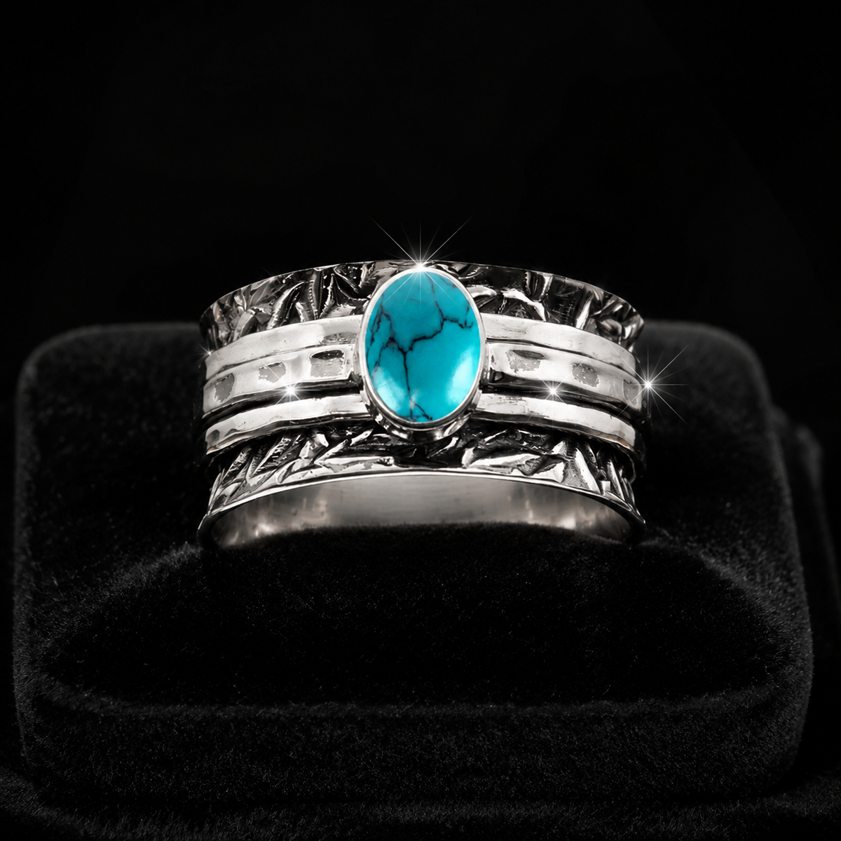 Oval Turquoise Textured Spinner Ring Sterling Silver 925 Hallmarked Size K - T
