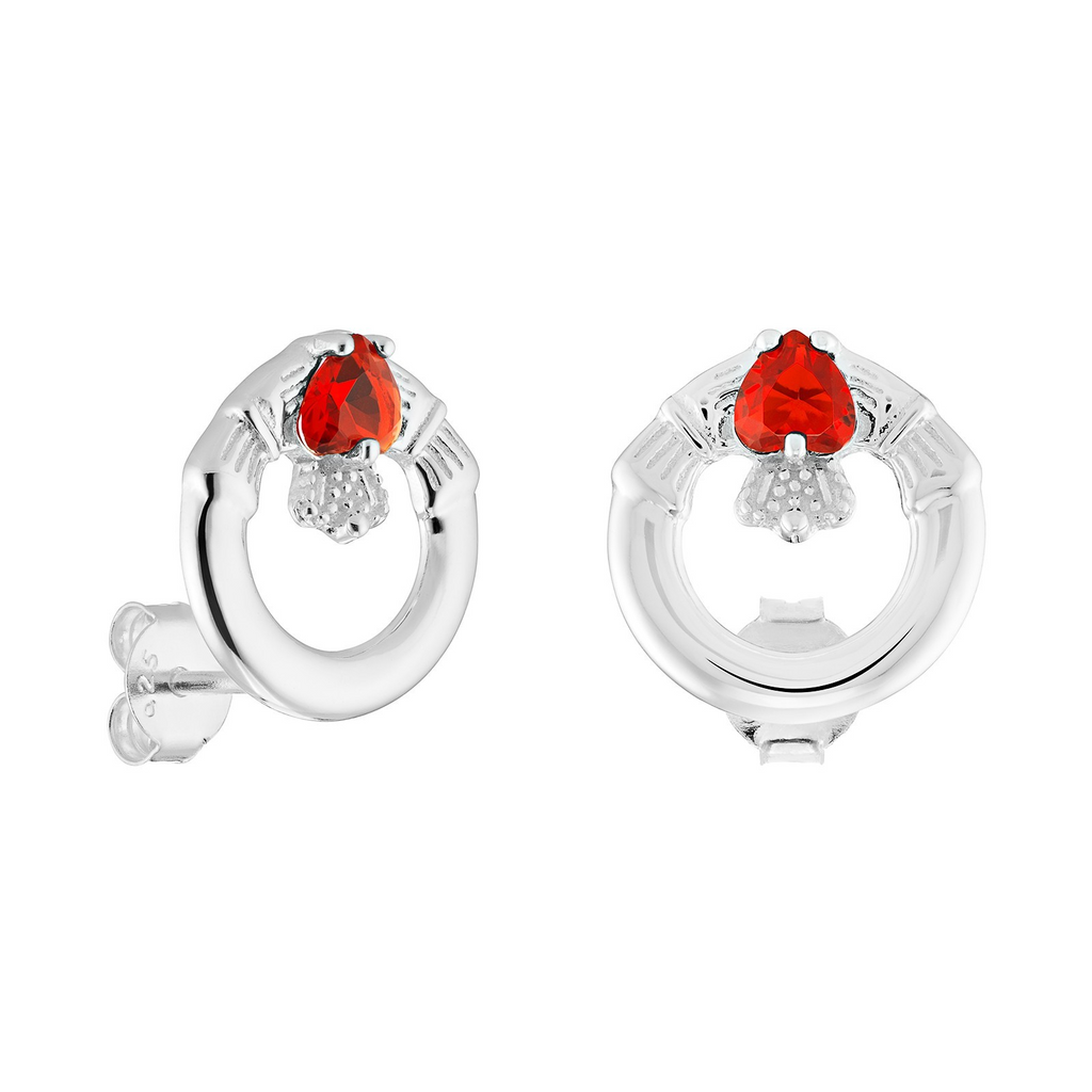 Ruby Claddagh Stud Earrings Sterling Silver 925 Hallmarked British Made