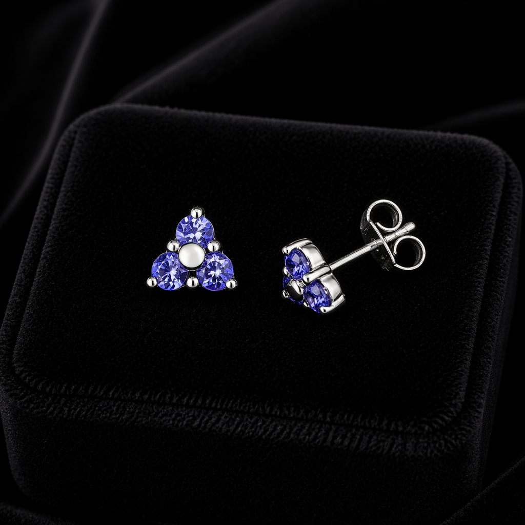 Yellow Gold 3 Stone Tanzanite Earrings 9ct 375 Hallmarked New Boxed British Made
