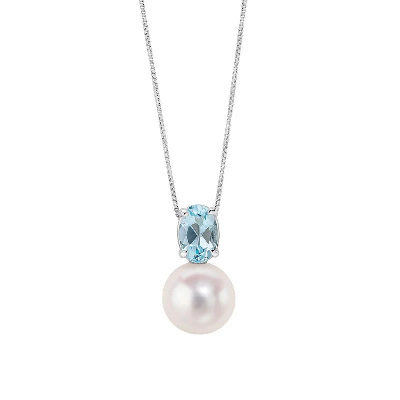 Round Pearl & Topaz Pendant 9ct White Gold 375 Hallmarked British Made