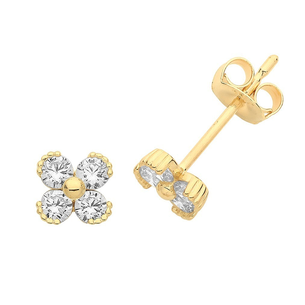 4 Stone Floral Stud Earrings 9ct Yellow Gold 375 Hallmarked Brand New Boxed