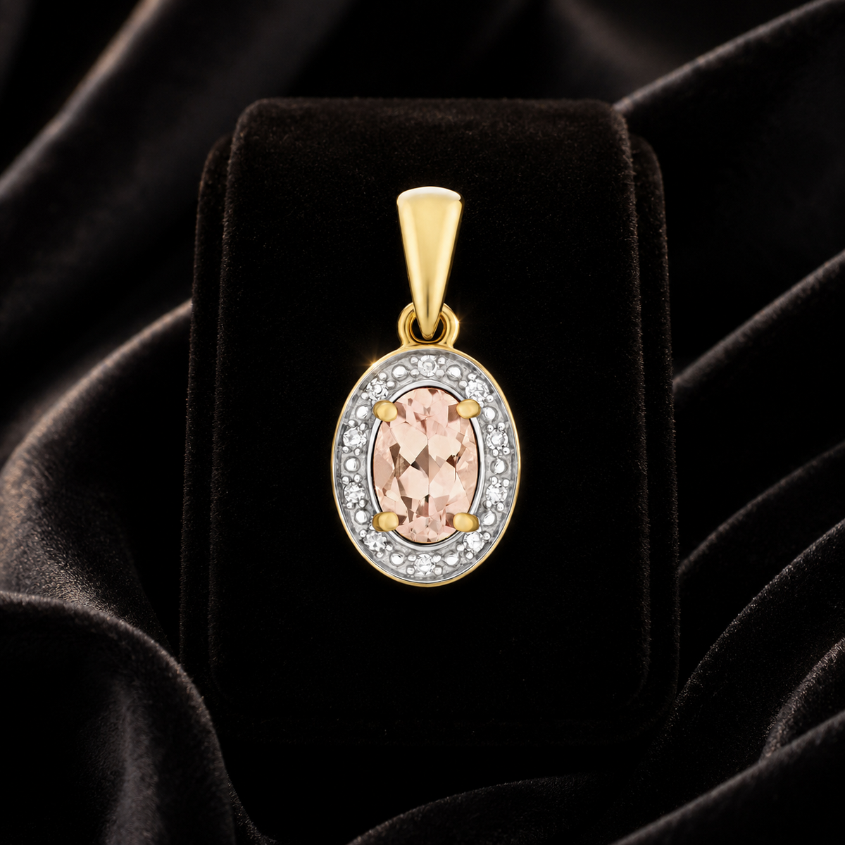 Oval Morganite Diamond Pendant 9ct Multi Tone Gold 375 Hallmarked Chain Lengths