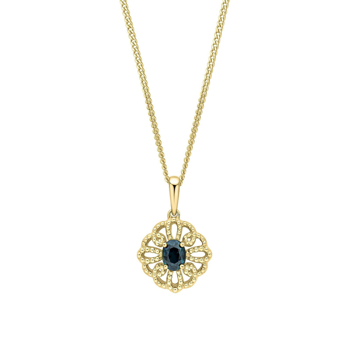 Floral Oval Sapphire Pendant 9ct Yellow Gold 375 Hallmarked British Made