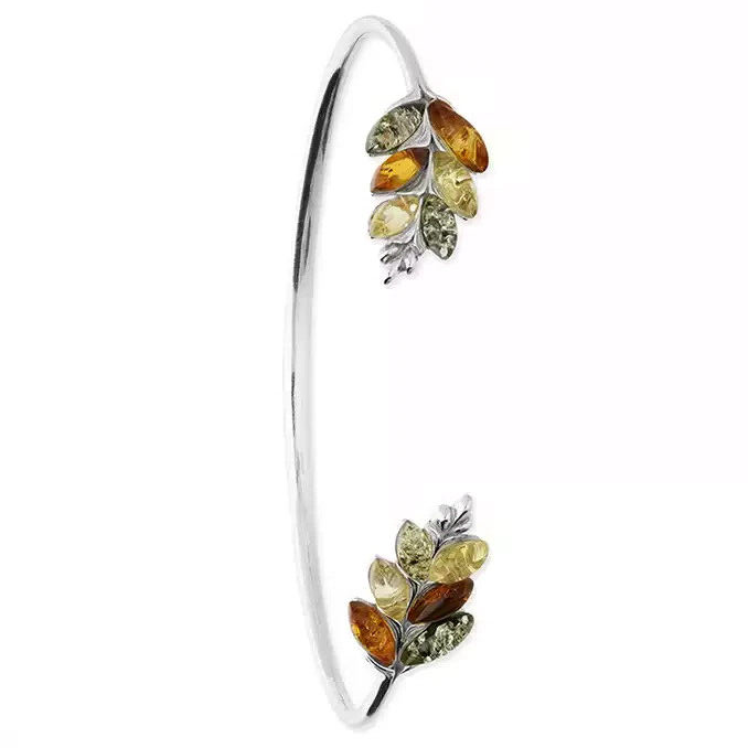 Mixed Leaf Amber Bangle Sterling Silver 925 Hallmarked British Made Brand New