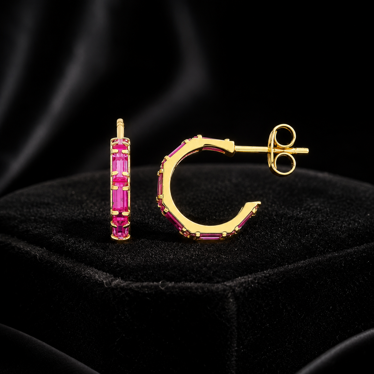 Natural Baguette Ruby Hoop Earrings 9ct Yellow Gold 375 Hallmarked Brand New
