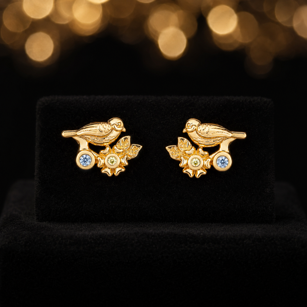 Aquamarine Bird Stud Earrings 9ct Yellow Gold Plated Hallmarked British Made