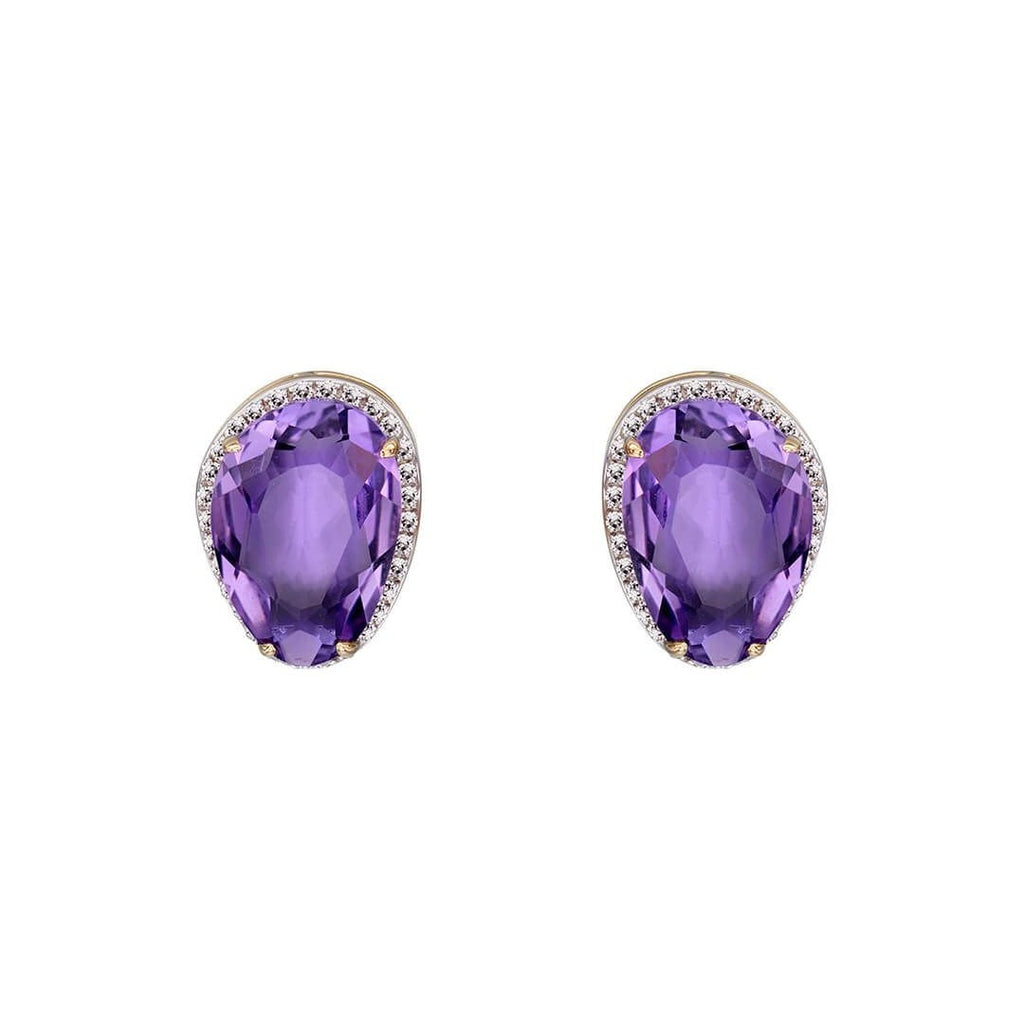 Irregular Shaped Amethyst Stud Earrings With Diamonds in 9ct Yellow Gold