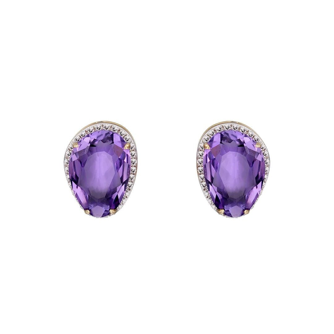 Irregular Shaped Amethyst Stud Earrings With Diamonds in 9ct Yellow Gold