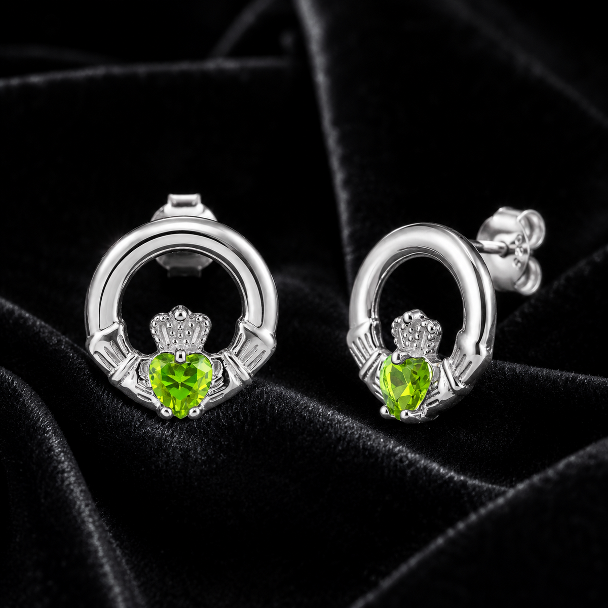 Peridot Claddagh Stud Earrings Sterling Silver 925 Hallmarked British Made