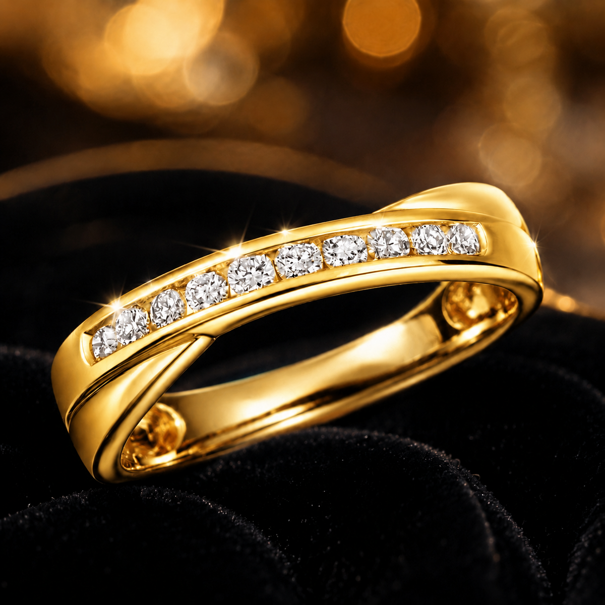 Natural Diamond Crossover Ring Eternity Band 9ct Yellow Gold 375 Hallmarked