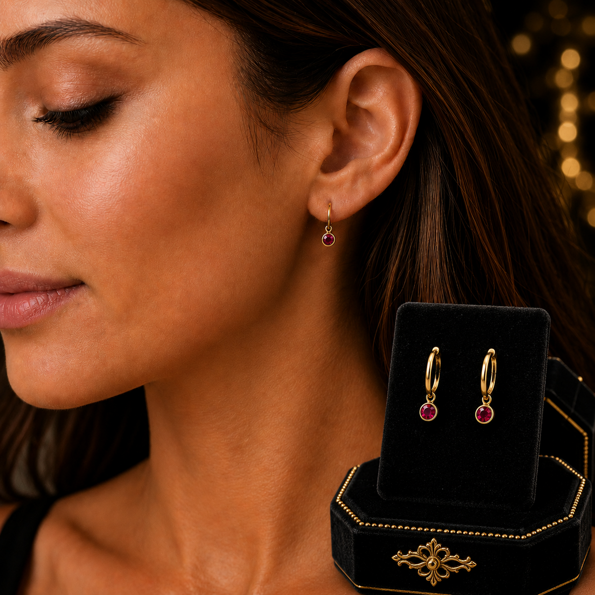 Hinged Sleeper Ruby Hoop Earrings 9ct Yellow Gold 375 Hallmarked Brand New