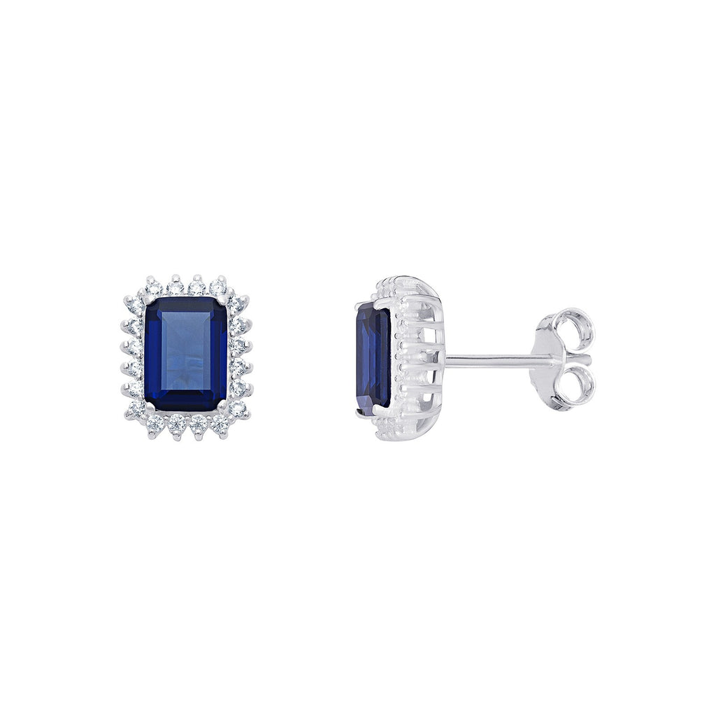 Cushion Halo Sapphire Stud Earrings Sterling Silver 925 Hallmarked British Made