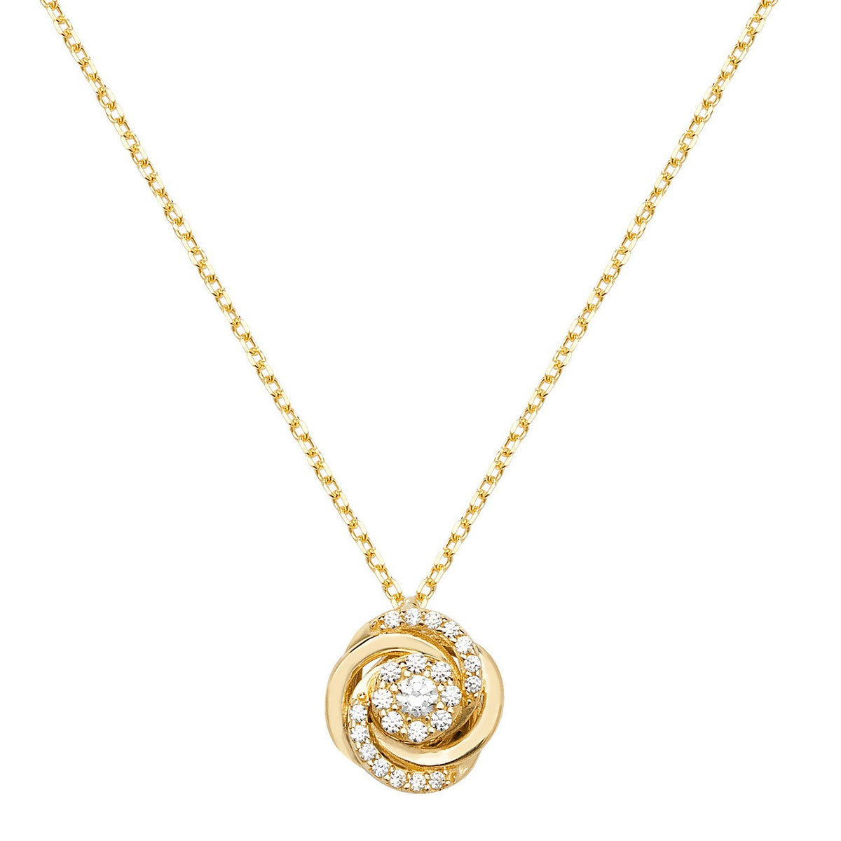 Ladies Halo Love Knot Necklace 9ct Yellow Gold 375 Hallmarked British Made