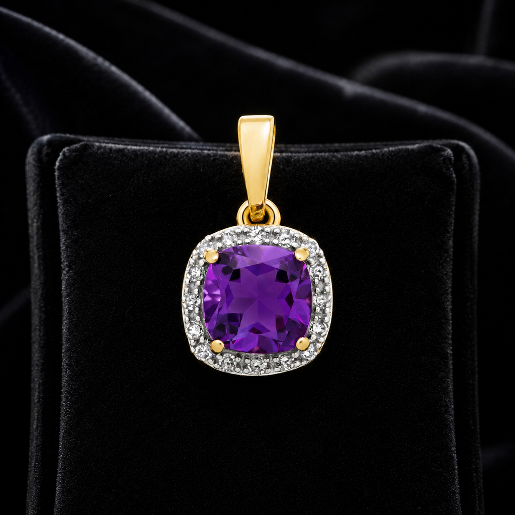 Cushion Amethyst Diamond Pendant 9ct Multi Tone Gold 375 Hallmark Chain Lengths