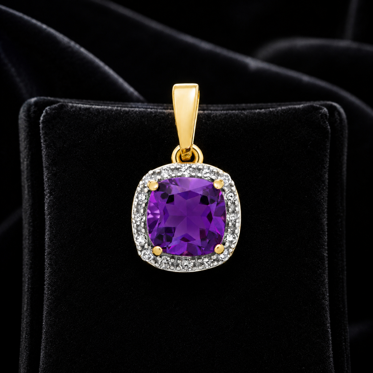 Cushion Amethyst Diamond Pendant 9ct Multi Tone Gold 375 Hallmark Chain Lengths