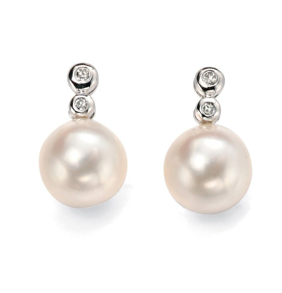 Round  Pearl And Diamond Stud Earrings British Made 9ct White Gold 375 Hallmark