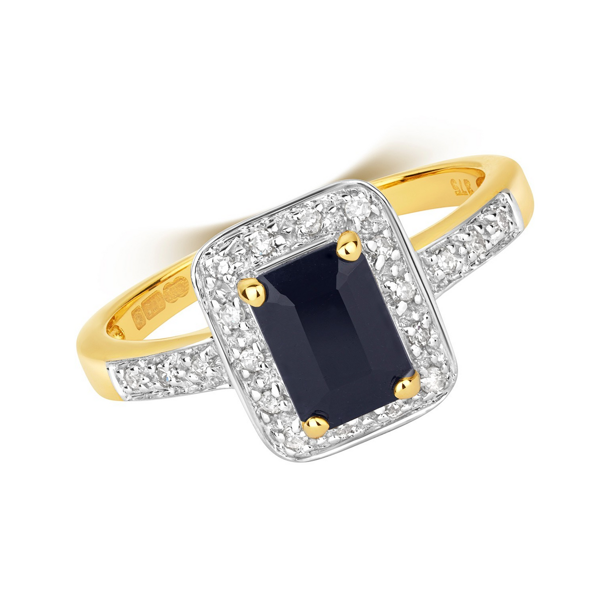 Halo Baguette Sapphire Diamond Ring 9ct 2 Tone Gold 375 Hallmarked Sizes J - Q