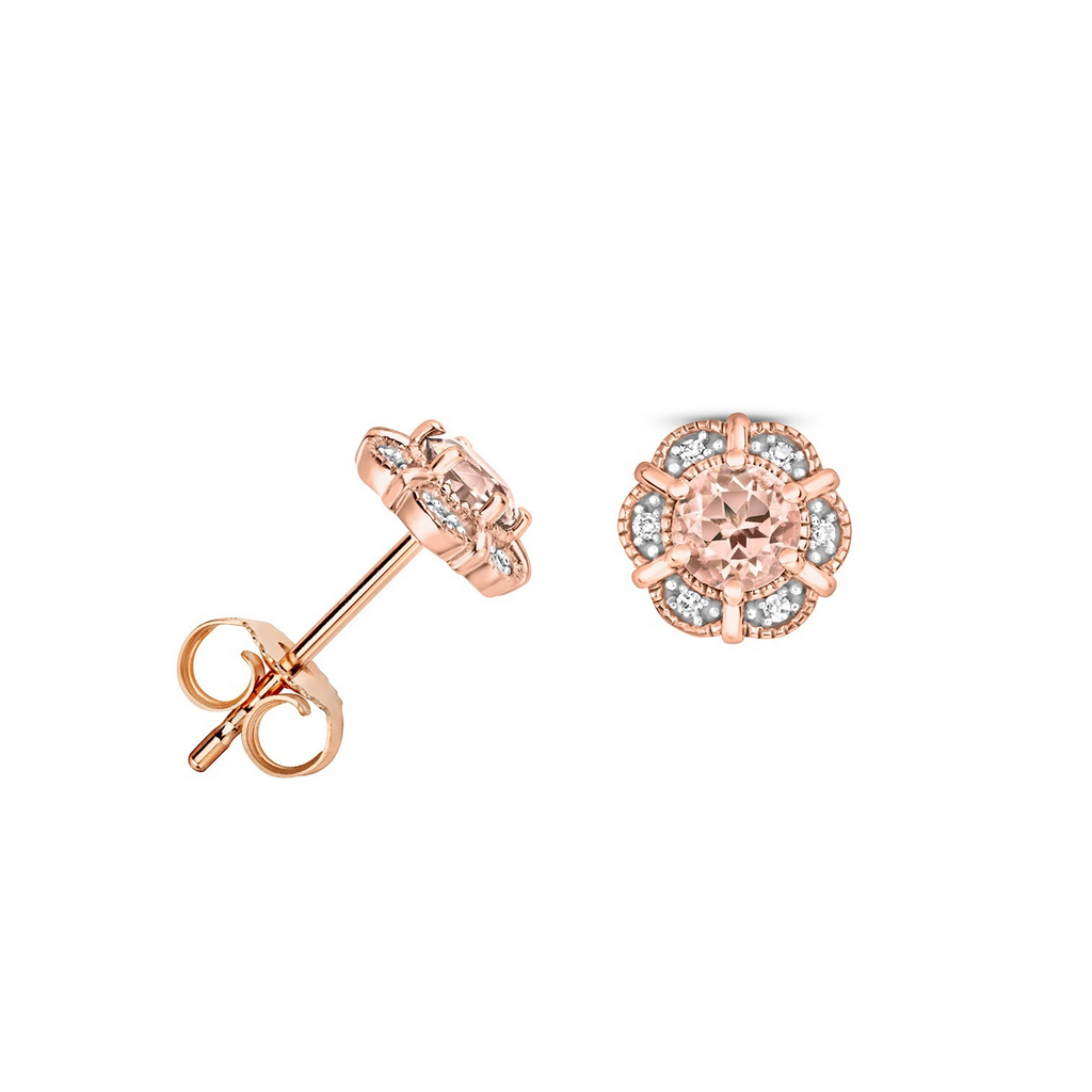 Natural Floral Morganite Diamond Stud Earrings 9ct Rose Gold 375 Hallmarked