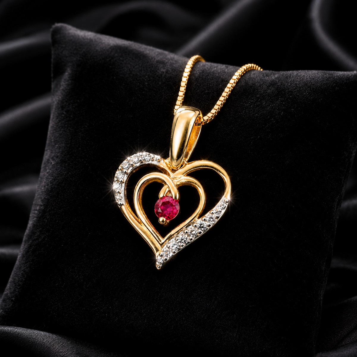 Heart Ruby and Diamond Pendant 9ct Yellow Gold 375 Hallmarked British Made