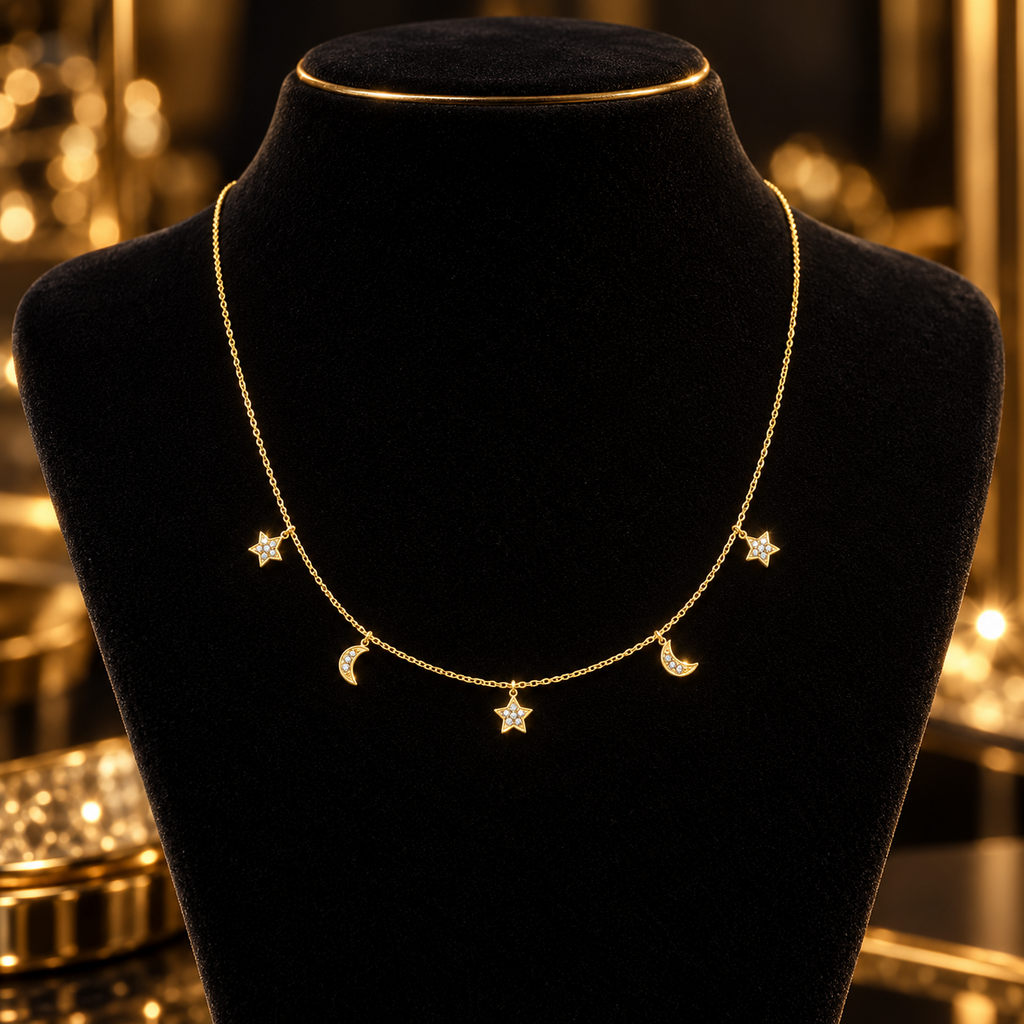 Sparkling Moon And Stars Necklace 9ct Yellow Gold 375 Hallmarked British Made