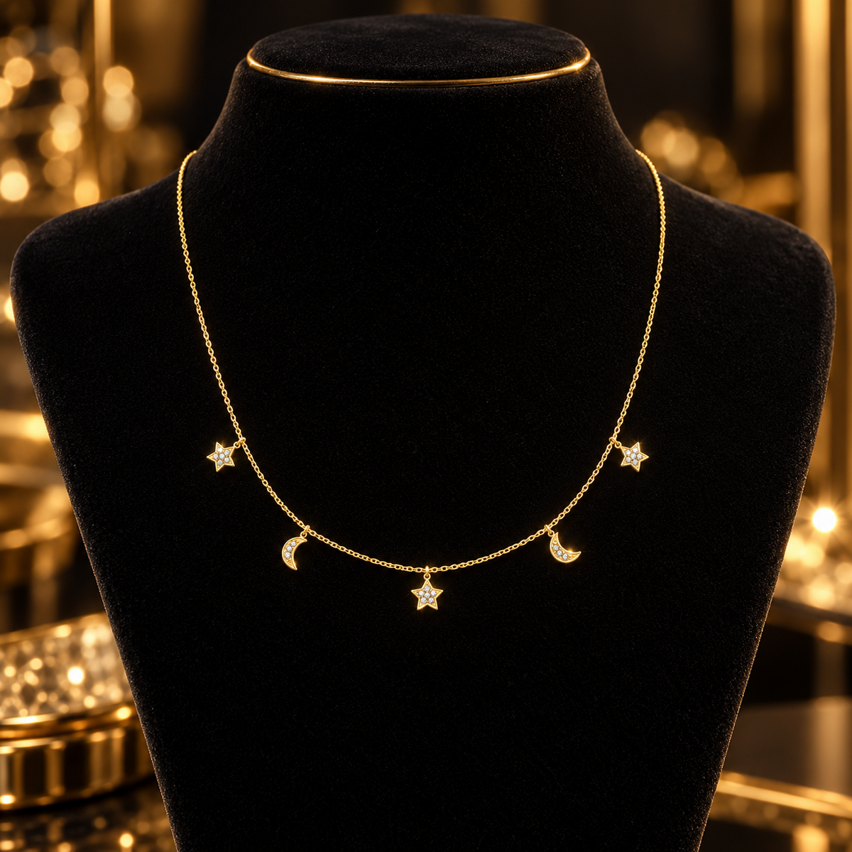 Sparkling Moon And Stars Necklace 9ct Yellow Gold 375 Hallmarked British Made
