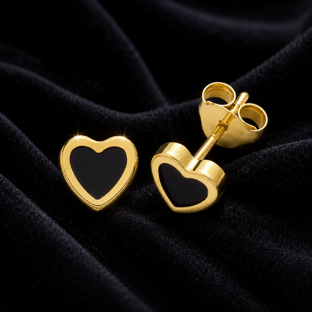 Flush Natural Onyx Heart Stud Earrings 9ct Yellow Gold 375 Hallmarked Brand New
