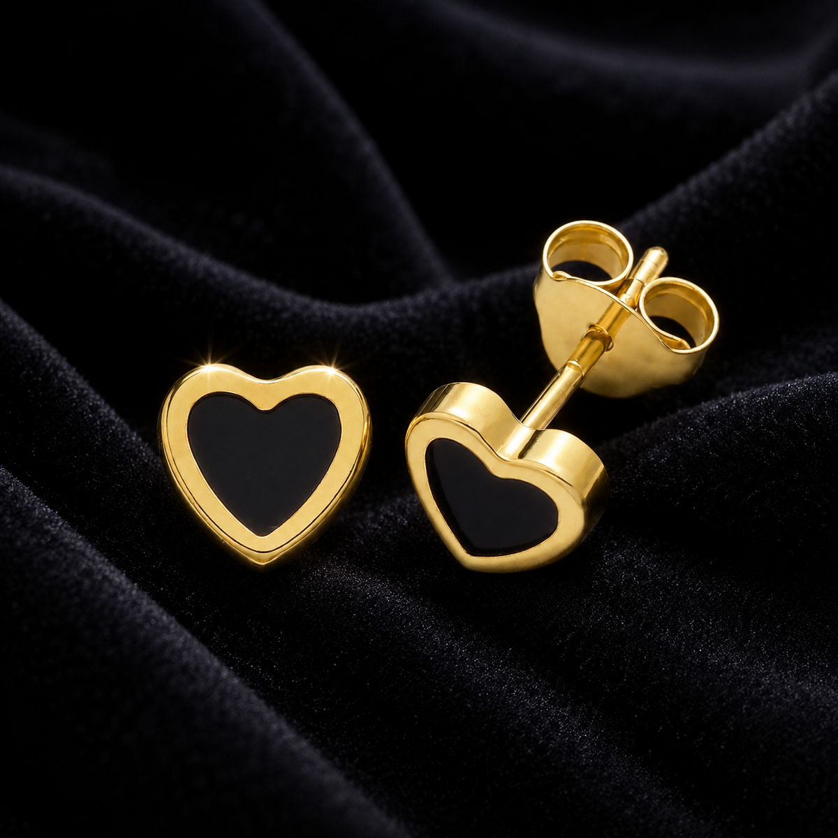 Flush Natural Onyx Heart Stud Earrings 9ct Yellow Gold 375 Hallmarked Brand New