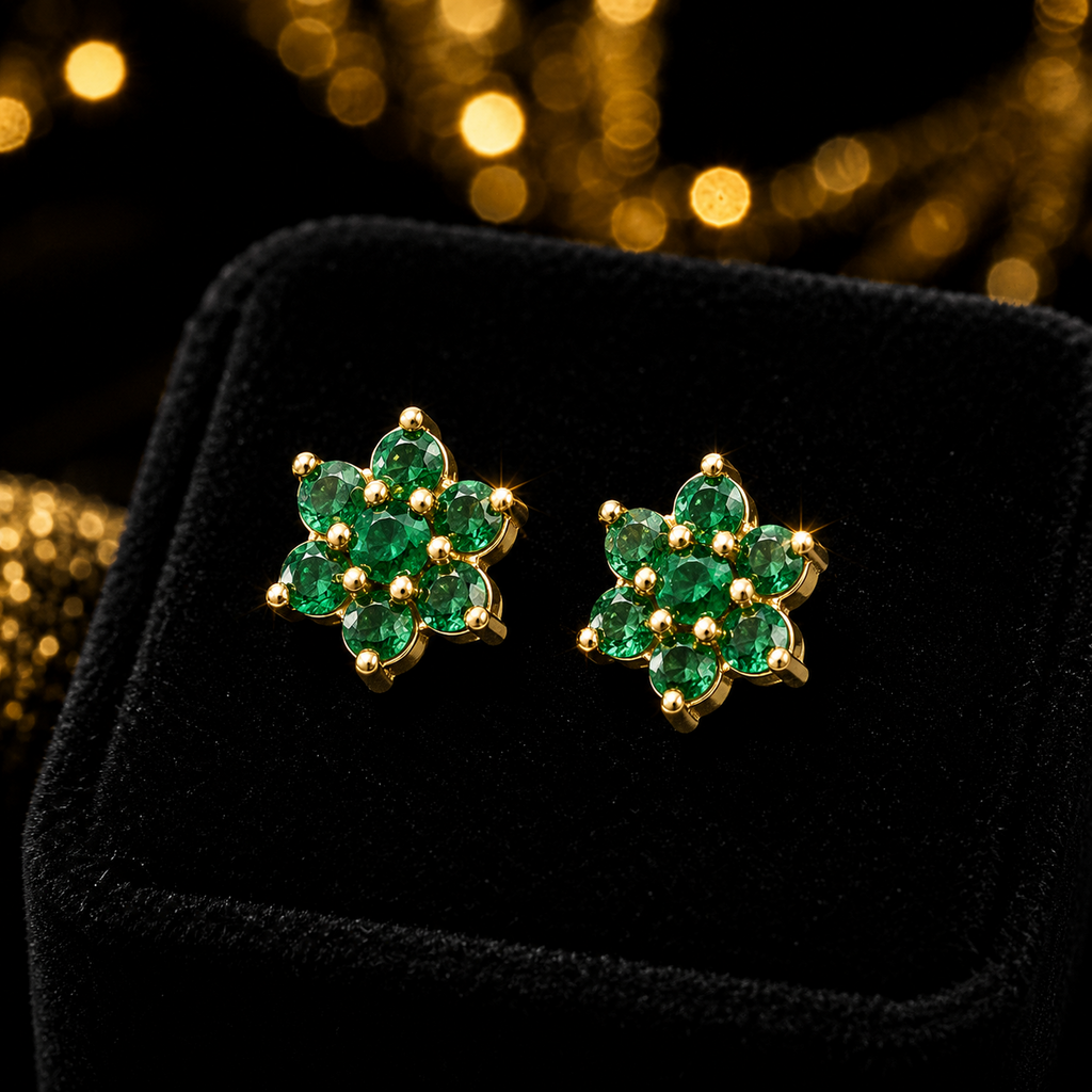 Emerald Cluster Stud Earrings Yellow Gold Natural Stone 375 Hallmark New Boxed
