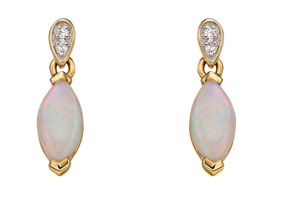 Oval Opal And Diamond Drop Earrings 9ct Yellow Gold 375 Hallmarked British Made