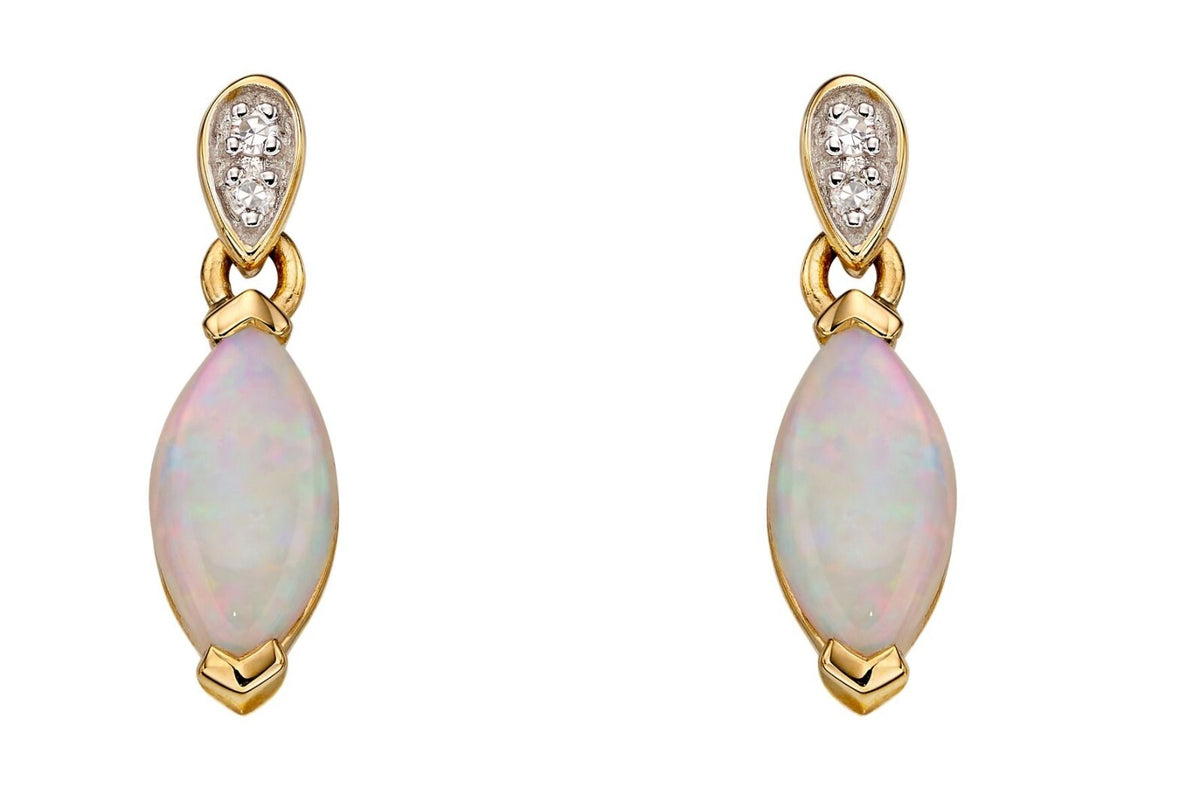 Oval Opal And Diamond Drop Earrings 9ct Yellow Gold 375 Hallmarked British Made