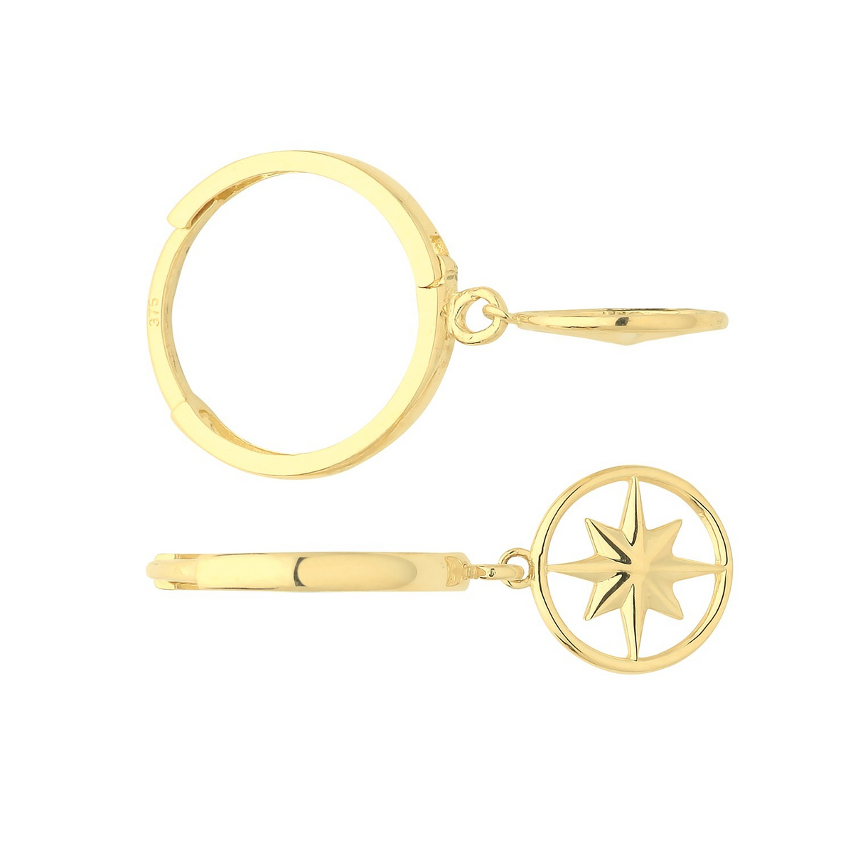 10mm Compass Drop Hoops Earrings 9ct Yellow Gold 375 Hallmarked Brand New