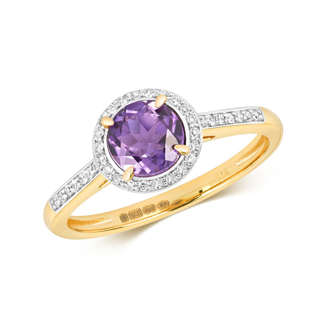 Round Halo Amethyst Diamond Ring 9ct 2 Tone Gold 375 Hallmarked Sizes J - Q