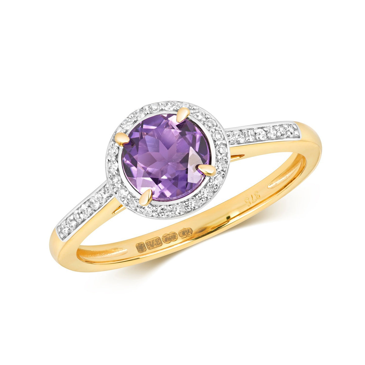 Round Halo Amethyst Diamond Ring 9ct 2 Tone Gold 375 Hallmarked Sizes J - Q