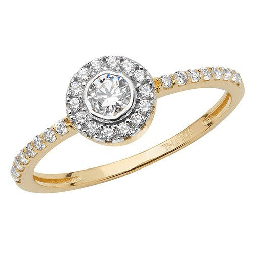 Halo Engagement Ring 9ct Yellow Gold 375 Hallmarked Sizes J - S British Made